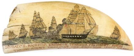 Polychrome scrimshaw whale’s tooth by the Naval Monument engraver with original whaling scene, second quarter of the Nineteenth Century, $84,000 ($60/80,000). This is the only known tooth by the Naval Monument Engraver with an original whaling scene. Most of the carver’s work was sourced from the 1816 and 1837 editions of Abel Bowen’s The Naval Monument. Paul Vardeman Collection.