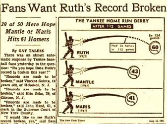 Aug 11, 1961: NYTimes finds fan support for breaking Ruth’s record & begins publishing comparative home run chart.