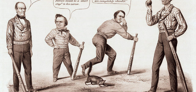"The National Game. Three 'Outs' and One 'Run,' " 1860, political cartoon
