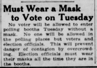 A newspaper article entitled "Must Wear a Mark to Vote on Tuesday"