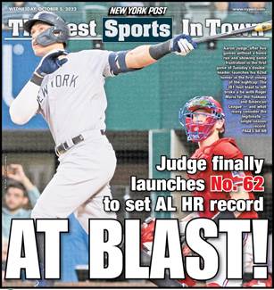 How Aaron Judge's 62nd home run played on New York tabloids' backpages -  masslive.com