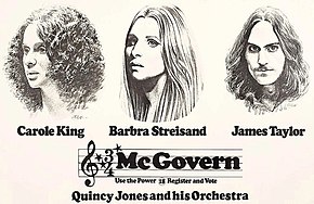 Concert flyer with sketches of Carole King, Barbra Streisand and James Taylor over a musical clef indicating 3, 4 McGovern. Underneath is listed Quincy Jones and his Orchestra.