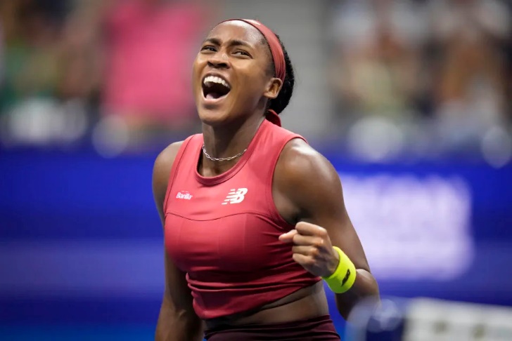 Coco Gauff, of the United States, reacts during a match against Aryna Sabalenka, of Belarus, during the women's singles final of the U.S. Open tennis championships, Saturday, Sept. 9, 2023, in New York. (AP Photo/Charles Krupa)