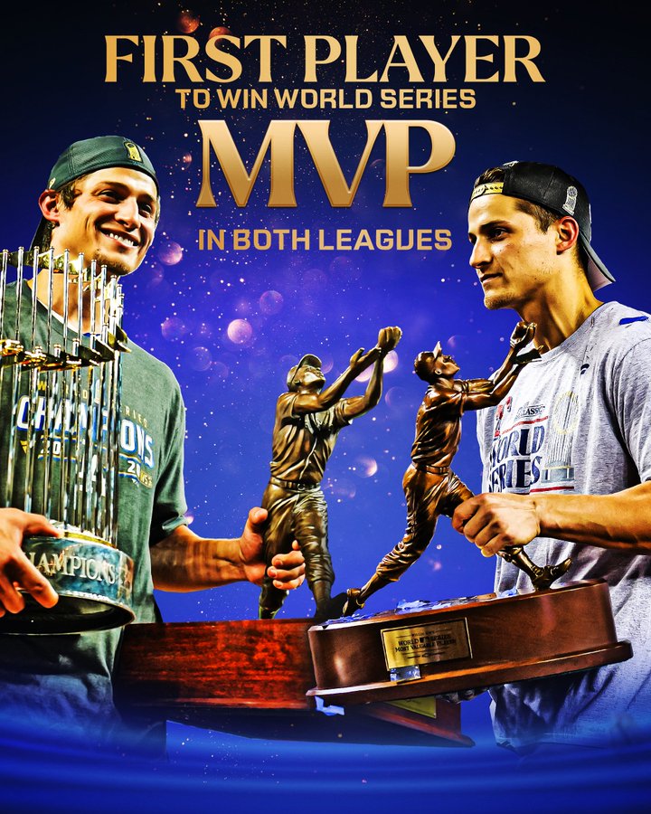 First Player To Win World Series MVP In Both Leagues
On the left, a cutout of Corey Seager after the 2020 World Series holding the Commissioner’s Trophy and Willie Mays World Series Most Valuable Player Trophy. On the right, Corey Seager holds the 2023 Willie Mays World Series MVP Trophy.
