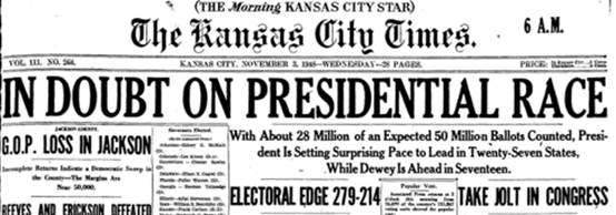 News Article, Kansas City Times (published as The Kansas City Times), November 3, 1948, p1.png