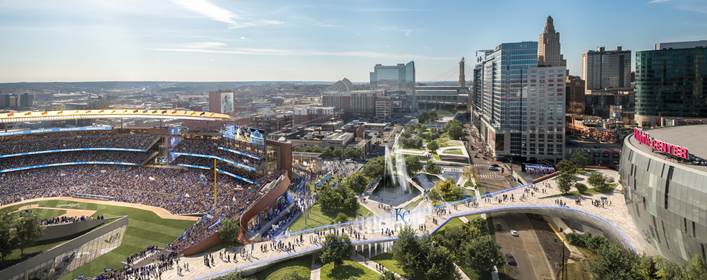 A rendering of the Royals proposed ballpark. The view is from an aerial perspective, looking from the east of the ballpark to the west, displaying how the walkway will connect the ballpark to downtown Kansas City.