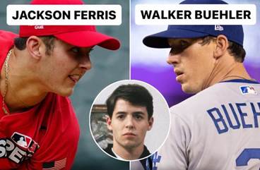 Jackson Ferris pitching while wearing a MLB USA Baseball All-American Game uniform.
Walker Buehler pitching while wearing a Dodgers uniform.
Actor Matthew Broderick in the movie Ferris Bueller's Day Off.
X post that reads: The Dodgers now have Ferris and Buehler on the same team.