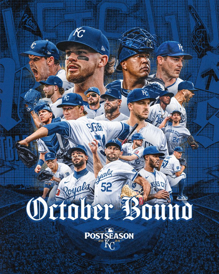 A graphic with photos of Cole Ragans, Bobby Witt Jr., Salvador Perez, Seth Lugo, Tommy Pham, Dairon Blanco, Kyle Isbel, Hunter Renfroe, Alec Marsh, Freddy Fermin, Brady Singer, Vinnie Pasquantino, Michael Lorenzen, Kris Bubic, Paul DeJong, Michael Massey, MJ Melendez, Michael Wacha, and Maikel Garcia set against a royal blue background with an image of Kauffman Stadium. Text on the graphic reads, “October Bound” above an MLB 2024 Kansas City Royals Postseason logo.