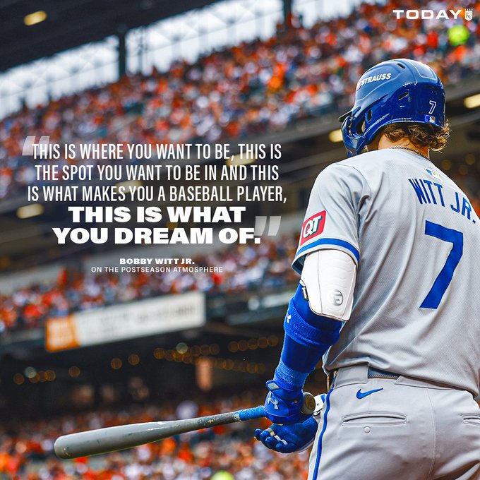 A photo of Bobby Witt Jr. standing in the on-deck circle at Oriole Park at Camden Yards with the crowd in the distance in the background. Text on the graphic reads, "This is where you want to be, this is the spot you want to be in and this is what makes you a baseball player. This is what you dream of. - Bobby Witt Jr. on the Postseason atmosphere."