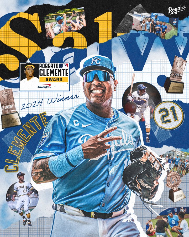 A graphic with a cutout photo of Salvador Perez surrounded by cutout images of Roberto Clemente and photos of Salvador Perez at community events. Text on the graphic reads, "Roberto Clemente Award, 2024 Winner."