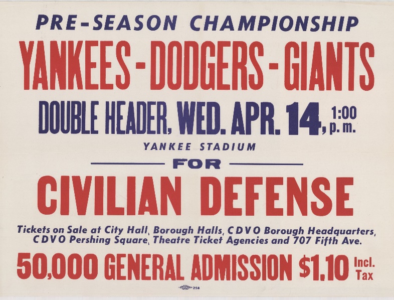 More than 35,000 baseball fans turned out to witness the Dodgers defeat both the Yankees (6-1) and the Giants (1-0) in a double header at Yankee Stadium to benefit the Civilian Defense Volunteer Office on April 14, 1943. Fiorello LaGuardia Collectio…