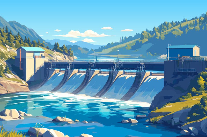 Cartoon Hydroelectric Power Station on a Dam on a River in a ...