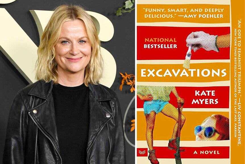 A split of Amy Poehler and the novel Excavations by Kate Myers.