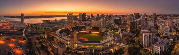 r/sandiego - Fall sunsets are the best in downtown! I made a 20 shot panoramic of East Village.