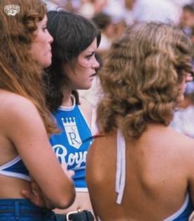 A graphic with an image of Royals fans in giveaway halter tops. Text on the graphic reads, "Nuggets of History, Chick-Fil-A Kansas City. June 27, 1976 | Halter Top Day at Royals Stadium where the Royals defeated the Angels 5-4 in a walk-off victory."